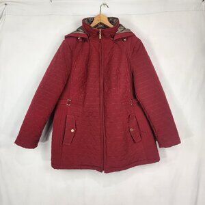 Gallery Woman Size 1X Red Quilted Coat Jacket Lined Removable Hood Zip Up